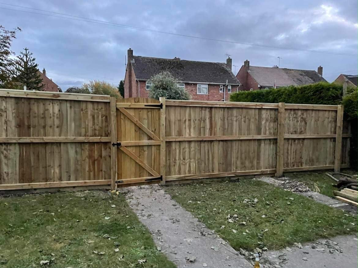 New light timber closeboard fence with matching arched wooden gate and black hinges in a residential garden
